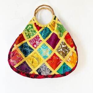 Vintage 70s Retro Floral Patchwork Handbag Wooden Handle